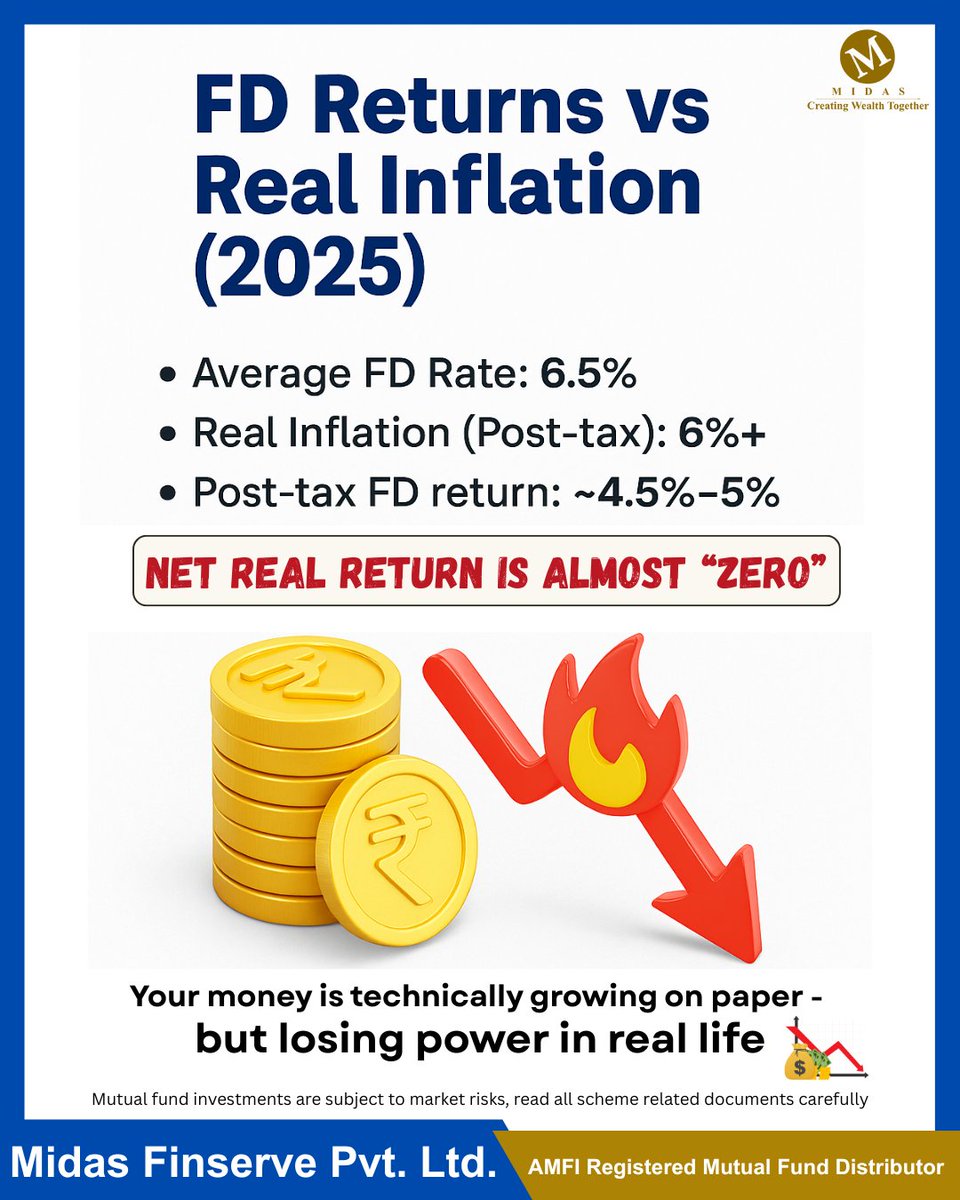 midasfinserve's tweet image. Absolutely! Here's a concise Twitter version of your Instagram caption (within 280 characters):

Still relying on FDs in 2025? 
They may no longer beat inflation — real returns ≈ 0%.
 Don’t just save — grow smart.
DM “PLAN” to get started.
#FDReturns #InvestSmart #MidasFinserve