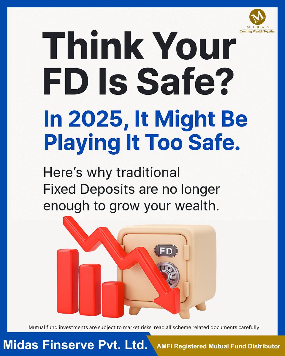 midasfinserve's tweet image. Absolutely! Here's a concise Twitter version of your Instagram caption (within 280 characters):

Still relying on FDs in 2025? 
They may no longer beat inflation — real returns ≈ 0%.
 Don’t just save — grow smart.
DM “PLAN” to get started.
#FDReturns #InvestSmart #MidasFinserve