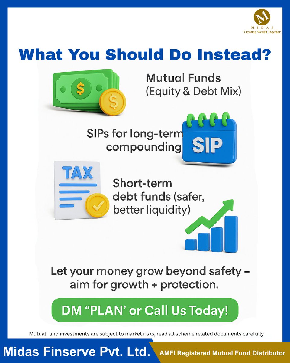 midasfinserve's tweet image. Absolutely! Here's a concise Twitter version of your Instagram caption (within 280 characters):

Still relying on FDs in 2025? 
They may no longer beat inflation — real returns ≈ 0%.
 Don’t just save — grow smart.
DM “PLAN” to get started.
#FDReturns #InvestSmart #MidasFinserve