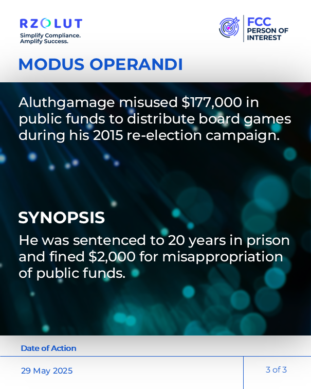 RzolutL's tweet image. On May 29, 2025, Mahindananda Aluthgamage, Sri Lanka’s former Sports Minister, was sentenced to 20 years in prison &amp;amp; fined $2,000 after being found guilty of misusing $177,000 in state funds.

Click fcctimes.com/2025/05/30/for…

Visit rzolut.com/?utm_source=Tw…

#fraud #pep #adversemedia