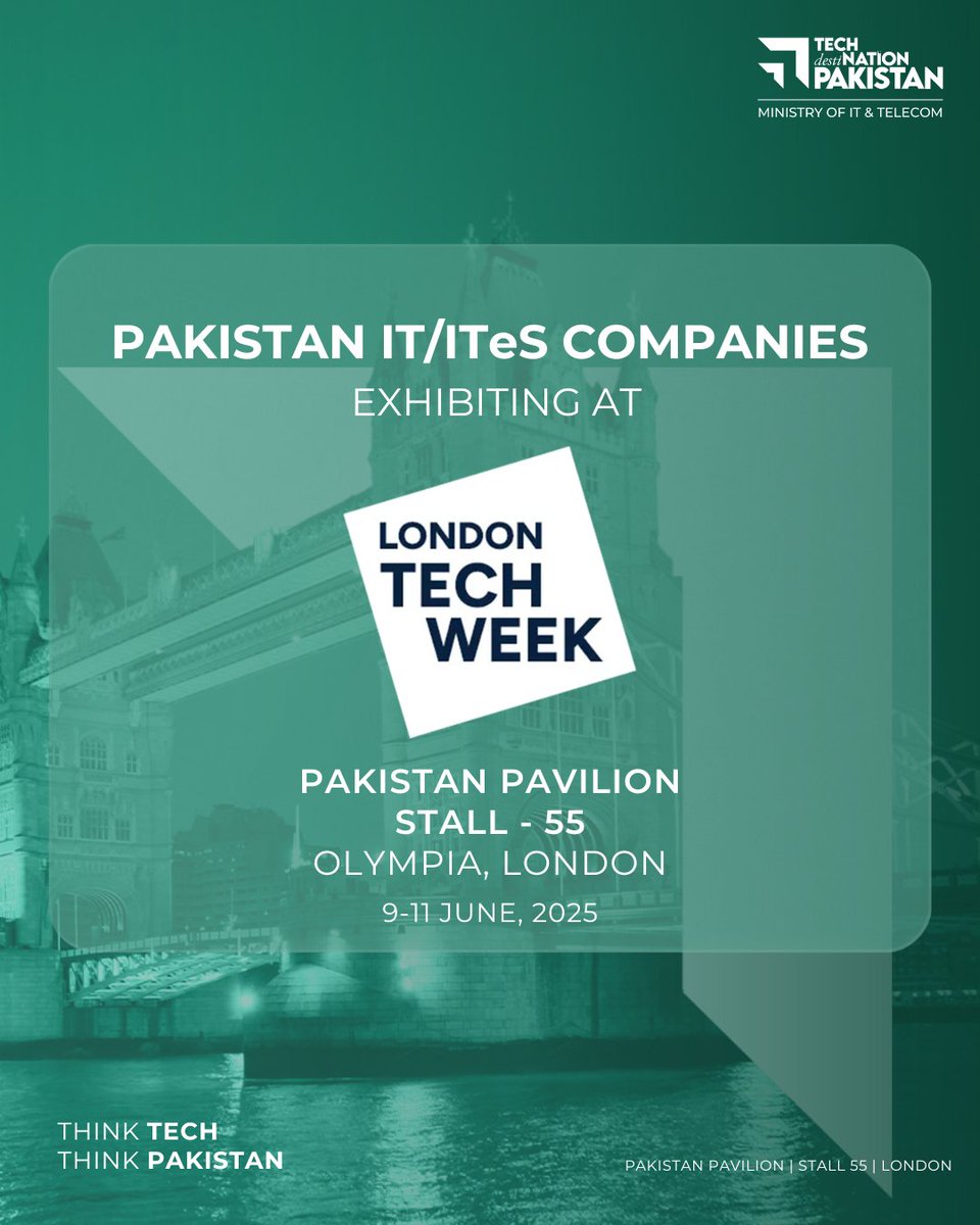 TechDestPak's tweet image. Pakistan at London Tech Week 2025
We’re proud to announce that Koder Labs, a leading technology solutions provider from Pakistan, will be showcasing its expertise at the Pakistan Pavilion during London Tech Week 2025.

📍 Stall 25, Olympia London
🗓 June 9–11, 2025

#KoderLabs