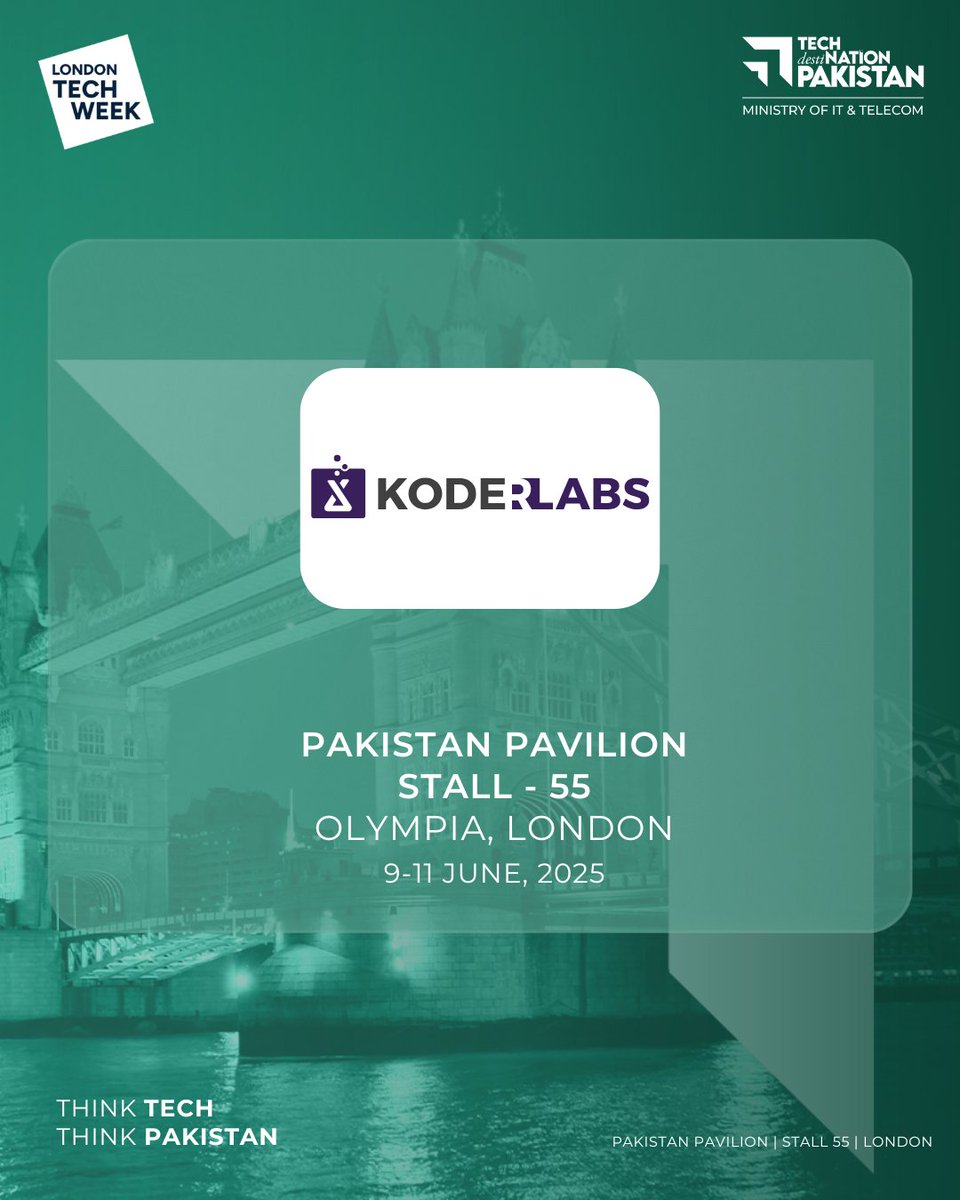 TechDestPak's tweet image. Pakistan at London Tech Week 2025
We’re proud to announce that Koder Labs, a leading technology solutions provider from Pakistan, will be showcasing its expertise at the Pakistan Pavilion during London Tech Week 2025.

📍 Stall 25, Olympia London
🗓 June 9–11, 2025

#KoderLabs