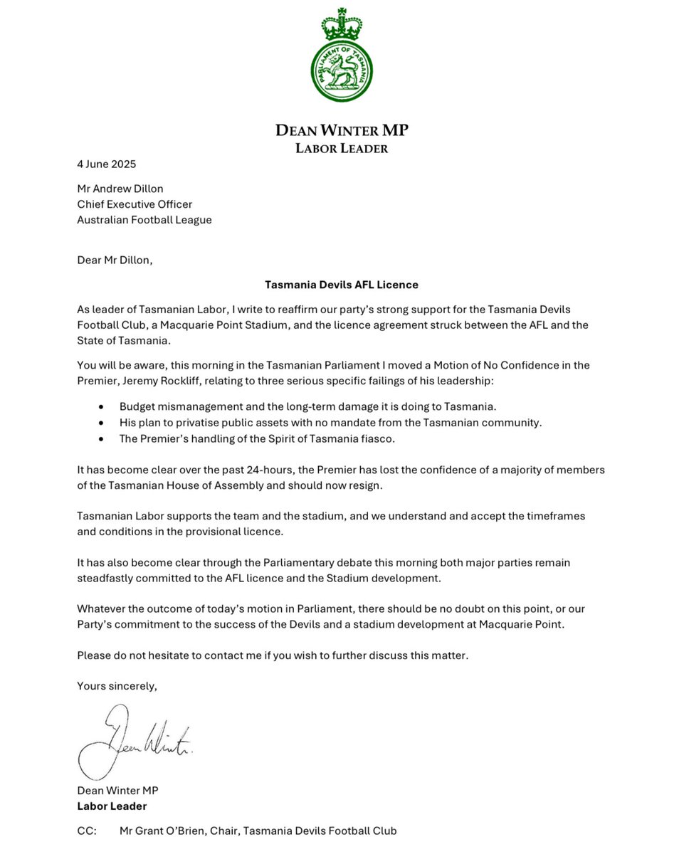 Labor Leader Dean Winter has today written to AFL CEO Andrew Dillon reaffirming his support for a Tasmanian team and stadium.