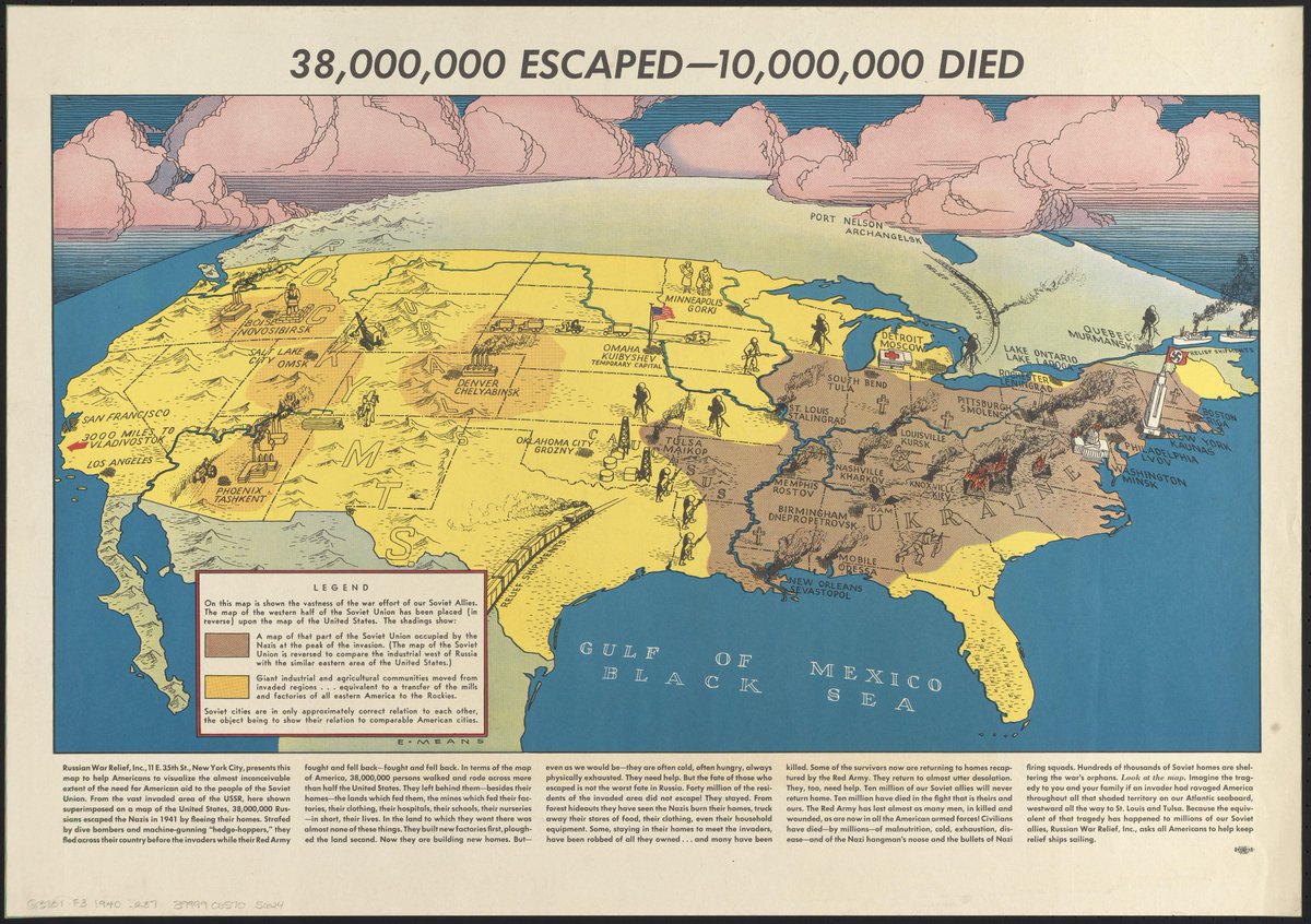 Map of the United States, illustrating the immense suffering and civilian losses endured by the USSR during World War II, conveyed through a population comparison with American cities. USA, circa 1943.