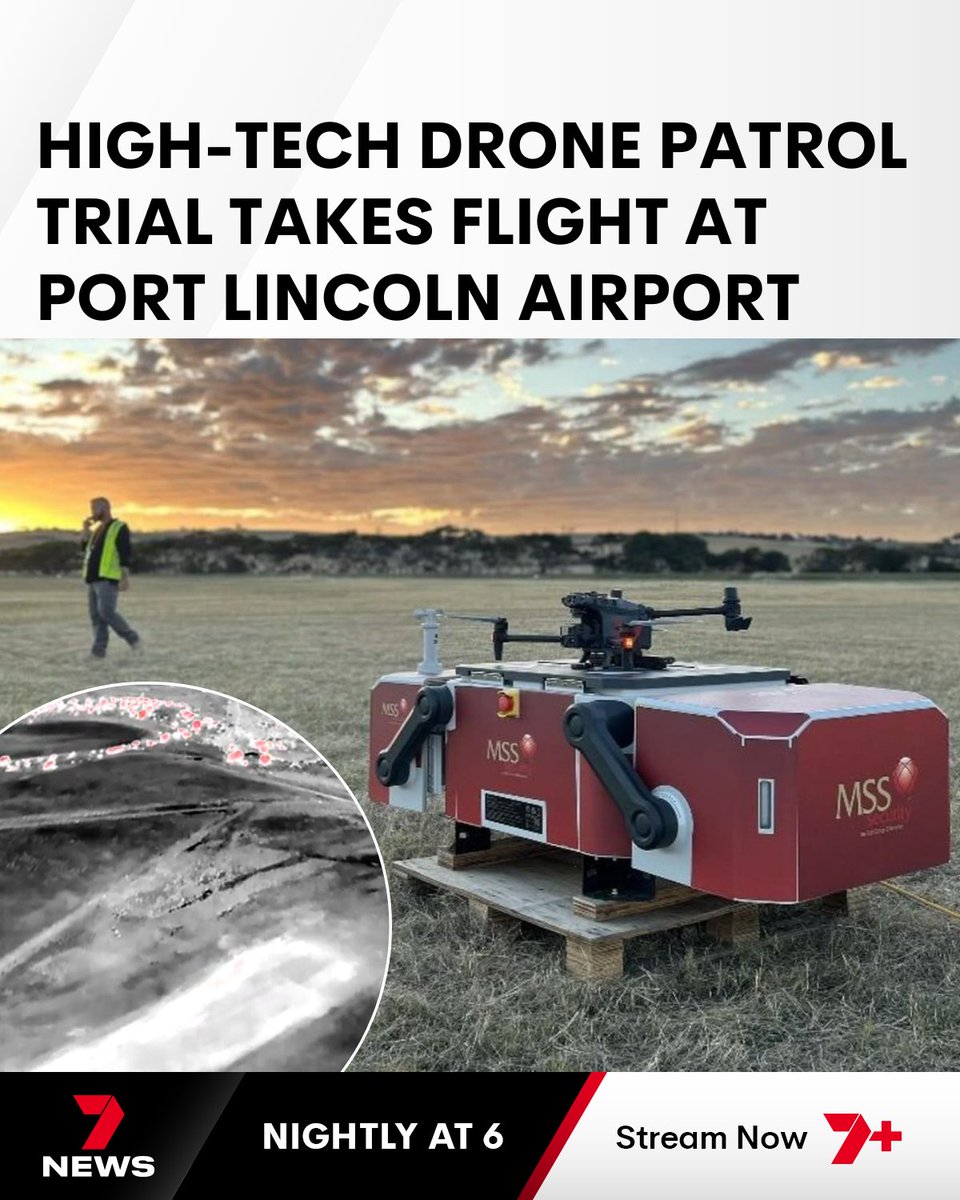 A South Aussie airport is trialing a new 24/7 high-tech security measure with drones taking to skies over Port Lincoln. Equipped with thermal cameras and spotlights, the remotely piloted drones can search for any suspicious activity and stray wildlife around the airport's