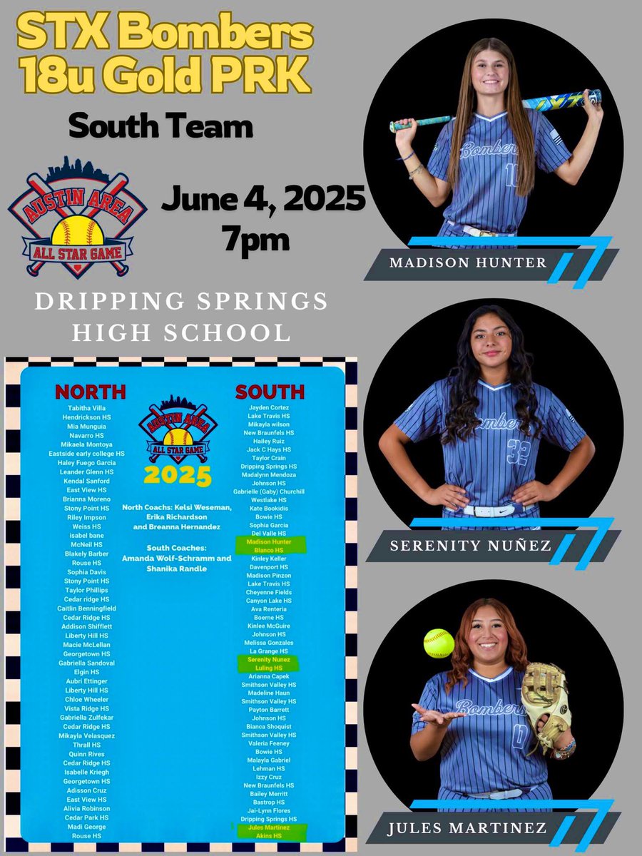 STX Bombers 18U Gold PRK (@bomberstx18u) on Twitter photo 3 of our seniors will play in the Austin Area All Star Game in Dripping Springs.
<a href="/mad_hunter10/">Madison Hunter</a> commit <a href="/LCUSoftball/">LCU Softball</a>
<a href="/SDN2025/">Serenity Nunez</a> commit <a href="/McMSoftballteam/">McMurry Softball</a>
<a href="/Julesmartinez_0/">Jules Martinez</a> commit <a href="/vernoncollegesb/">Vernon College Softball</a>
Way to represent! 3 of our seniors will play in the Austin Area All Star Game in Dripping Springs.
<a href="/mad_hunter10/">Madison Hunter</a> commit <a href="/LCUSoftball/">LCU Softball</a>
<a href="/SDN2025/">Serenity Nunez</a> commit <a href="/McMSoftballteam/">McMurry Softball</a>
<a href="/Julesmartinez_0/">Jules Martinez</a> commit <a href="/vernoncollegesb/">Vernon College Softball</a>
Way to represent!