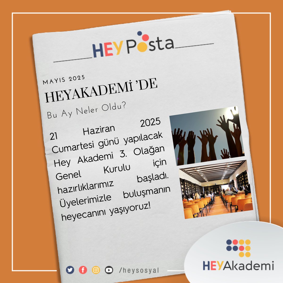 📢
HEY Akademi ’de
Bu Ay Neler Oldu?

21 Haziran 2025 Cumartesi günü yapılacak Hey Akademi 3. Olağan Genel Kurulu için hazırlıklarımız başladı. Üyelerimizle buluşmanın heyecanını yaşıyoruz! 🤝🦯 #HeyAkademi #GörmeEngelliler #Erişilebilirlik