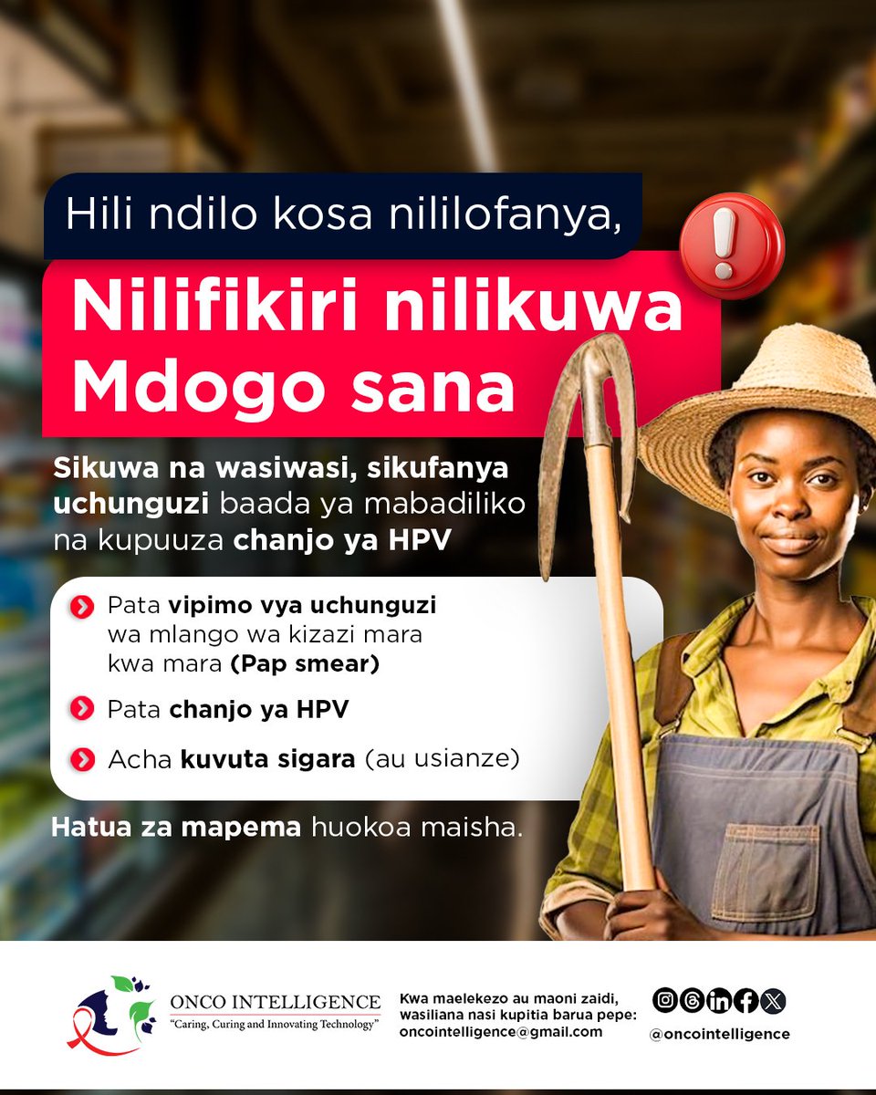 oncointelligenc's tweet photo. Saratani ya #mlango wa kizazi husababisha vifo vingi zaidi nchini Tanzania kila mwaka
Hii inaweza kuzuiwa kwa:
โ๏ธ Uchunguzi wa Pap smear kila baada ya miaka 3-5
โ๏ธ Chanjo ya HPV kabla ya kuanza kujamiiana
โ๏ธ Kuacha uvutaji sigara
Hatua ndogo zinaweza kuleta tofauti kubwa https://t.co/ByF9mjvppf