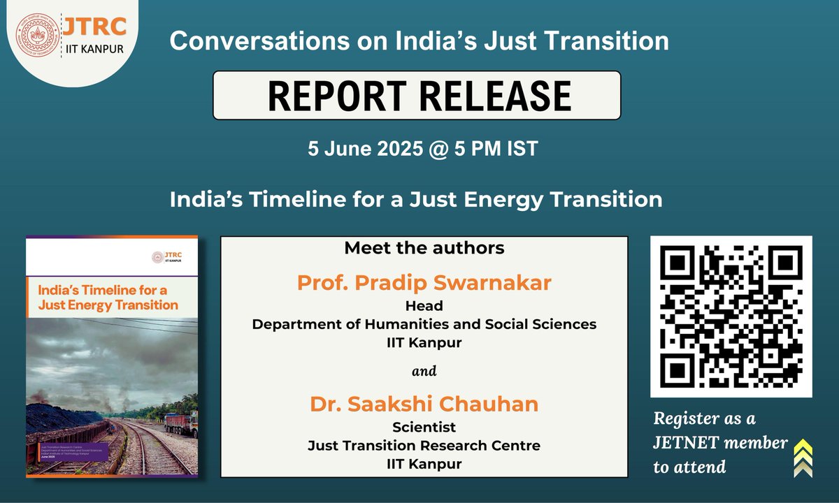 🚨 Report Launch Alert!

India's Timeline for a Just Energy Transition
🗓️ 5 June 2025 | 🕔 5 PM IST

Join us for the exclusive launch event open only to #JETNET members. 

🔗 Register now to receive the joining link: docs.google.com/forms/d/e/1FAI…