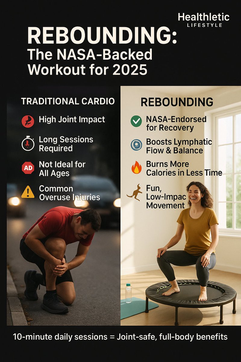 HealthLeticFtns's tweet image. NASA says rebounding beats jogging for cardio + bone health.

10 minutes a day.
Low impact.
High return.
Joint-friendly + lymph-boosting.
Ready to bounce?
#Rebounding #NASAWorkout #Healthletic