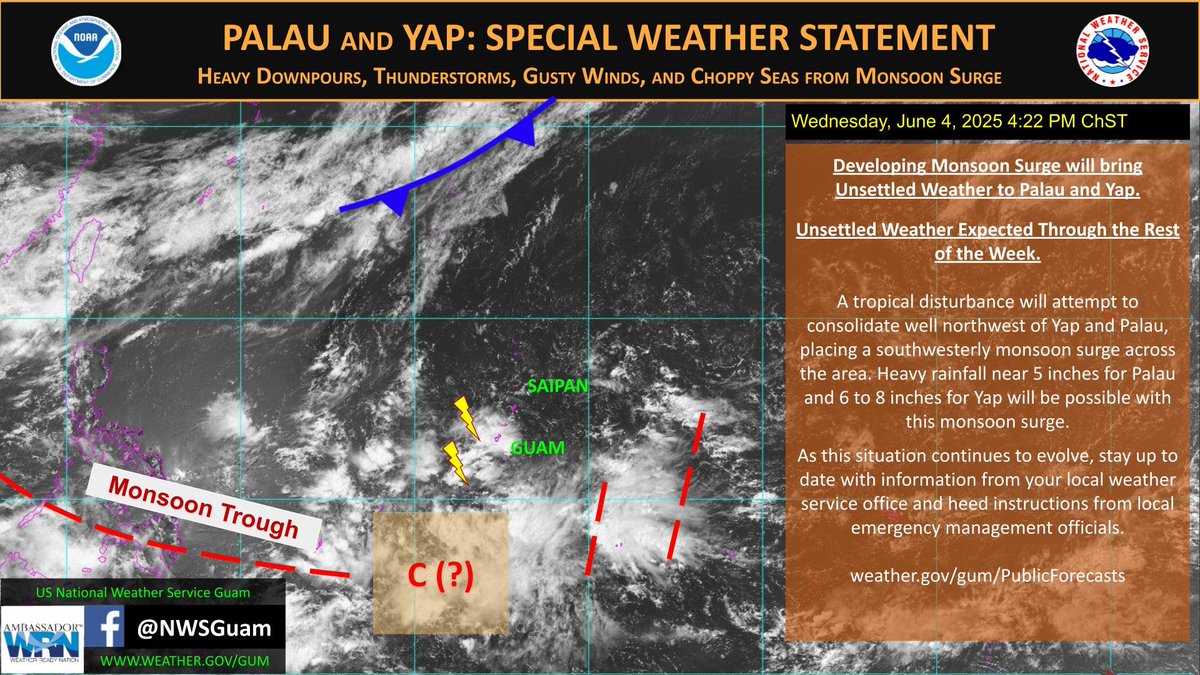 NWSGuam's tweet image. A Special Weather Statement has been issued for Palau and Yap. Heavy rainfall, gusty winds, and choppy seas are expected through the rest of the week. #GUwx