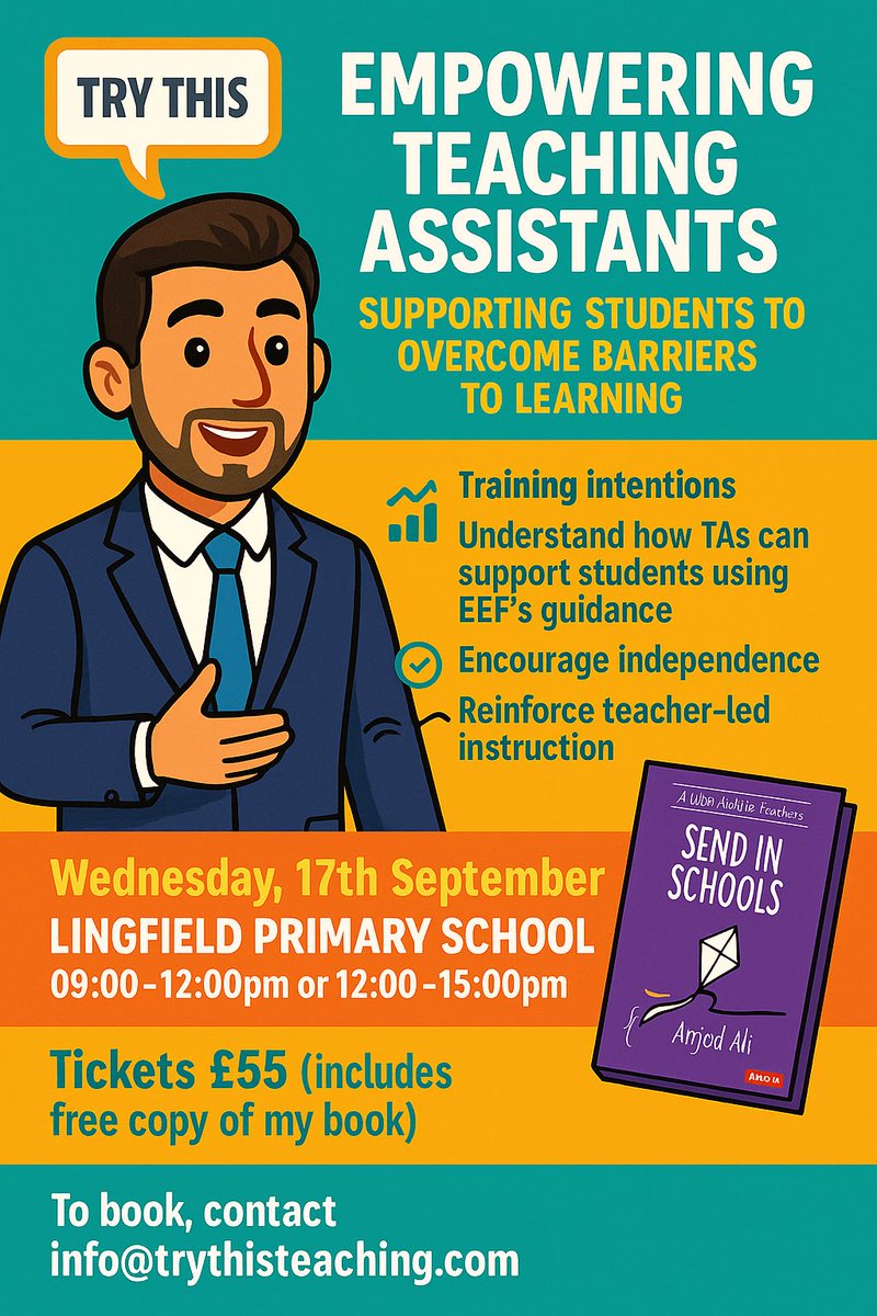 Amjad Ali (@teachleadaali) on Twitter photo 🌟I am thrilled to announce an incredible CPD opportunity for support staff in collaboration with <a href="/theeducakers/">The Educakers</a> 🌟
🎓 Empowering Teaching Assistants: Supporting Students to Overcome Barriers to Learning
🗓 Date: Wednesday 17th September
📍 Venue: Lingfield Primary School, 🌟I am thrilled to announce an incredible CPD opportunity for support staff in collaboration with <a href="/theeducakers/">The Educakers</a> 🌟
🎓 Empowering Teaching Assistants: Supporting Students to Overcome Barriers to Learning
🗓 Date: Wednesday 17th September
📍 Venue: Lingfield Primary School,