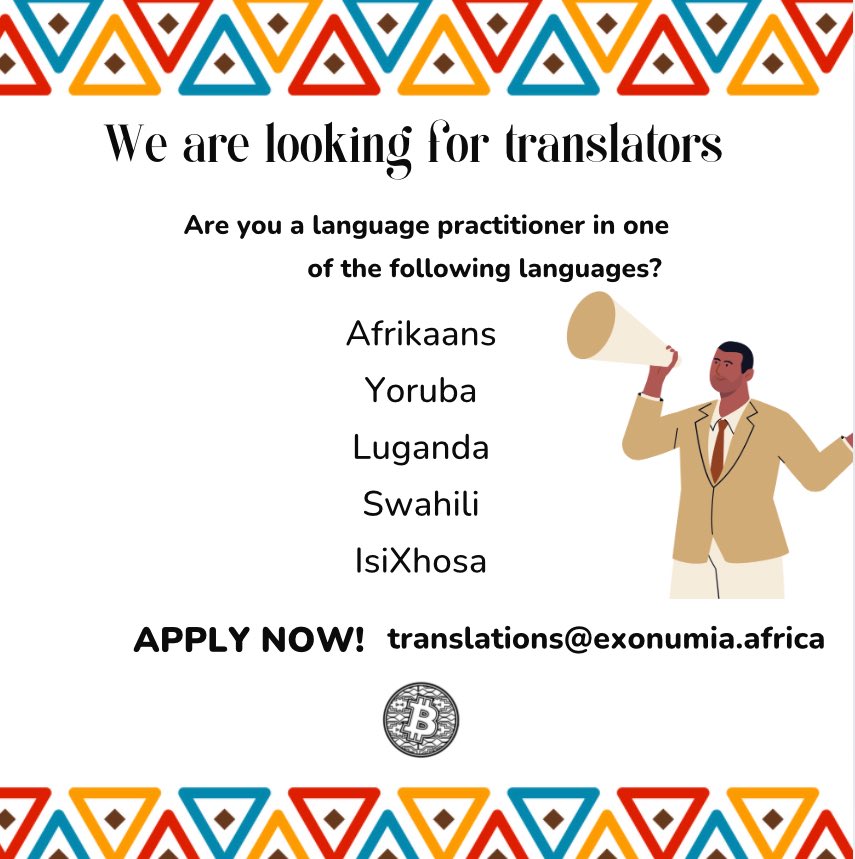 exonumia.africa (@exonumiaafrica) on Twitter photo Our inbox is overflowing with Swahili translators.
Now, let's retweet to get more Yoruba and Luganda translators on board!
Retweet to reach our goal!
Exciting things coming up with <a href="/TrezorAcademy/">Trezor Academy</a> #LugandaTranslators #YorubaTranslators #bitcoineducation #bitcoininafrica Our inbox is overflowing with Swahili translators.
Now, let's retweet to get more Yoruba and Luganda translators on board!
Retweet to reach our goal!
Exciting things coming up with <a href="/TrezorAcademy/">Trezor Academy</a> #LugandaTranslators #YorubaTranslators #bitcoineducation #bitcoininafrica