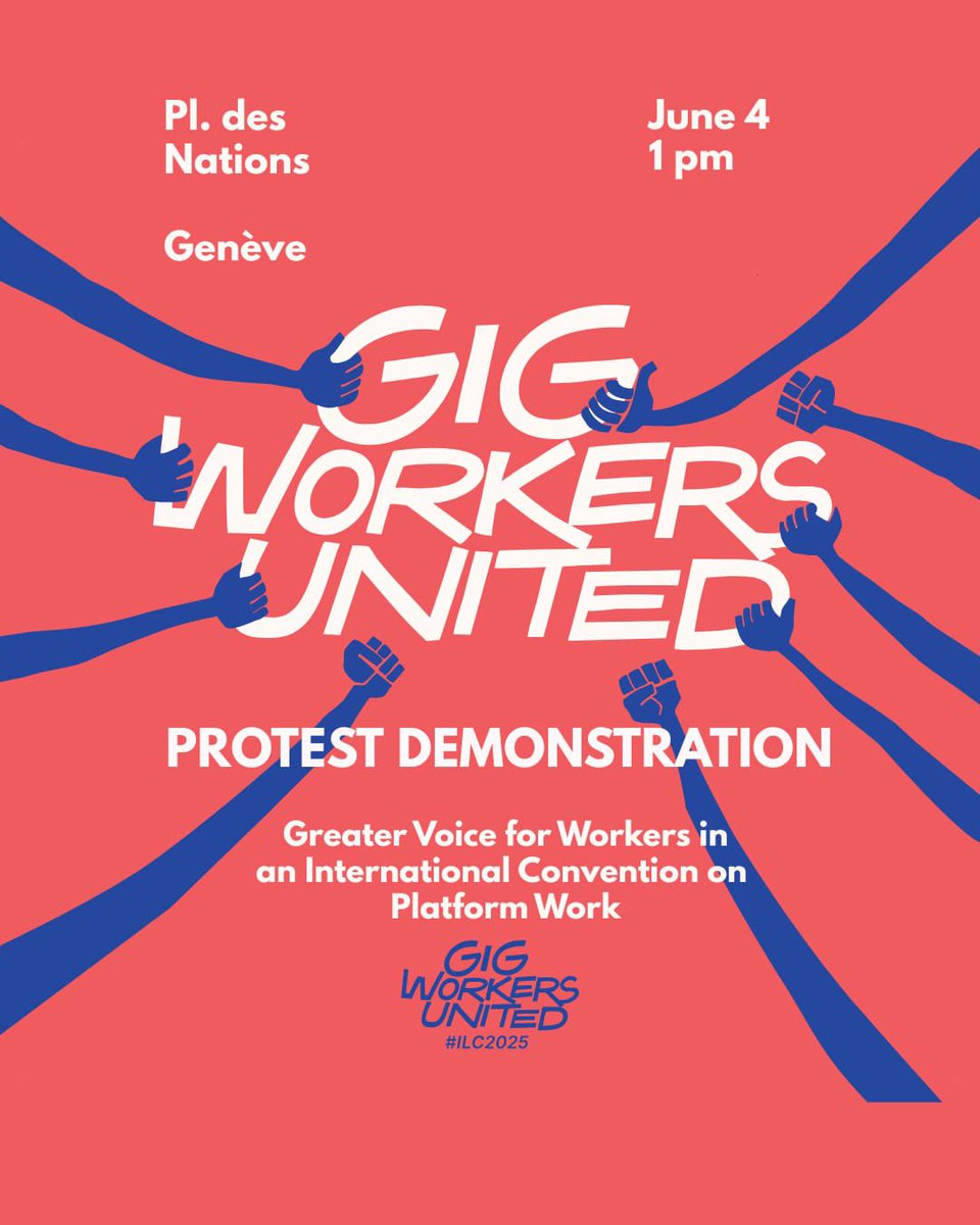 Gig & Platfrom Services Workers Union GIPSWU (@gipswu_) on Twitter photo ✊🏾Join us today in Geneva to share the voices of grassroots gig workers from around the world during the <a href="/ilo/">International Labour Organization</a> convening on gig & platform workers ‼️
📣 Protest at 1PM at Pl. des Nations (Broken Chair)
🎤 Public Event with song and dance from 7-10PM at the Labour University Geneva ✊🏾Join us today in Geneva to share the voices of grassroots gig workers from around the world during the <a href="/ilo/">International Labour Organization</a> convening on gig & platform workers ‼️
📣 Protest at 1PM at Pl. des Nations (Broken Chair)
🎤 Public Event with song and dance from 7-10PM at the Labour University Geneva