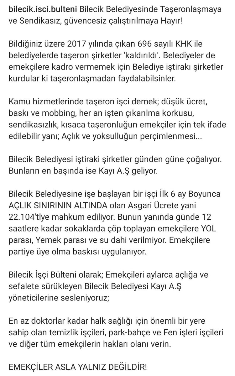 Bilecik Belediyesinde Taşeronlaşmaya ve Sendikasız, güvencesiz çalıştırılmaya Hayır! 
<a href="/BilecikBeledi/">Bilecik Belediyesi</a>