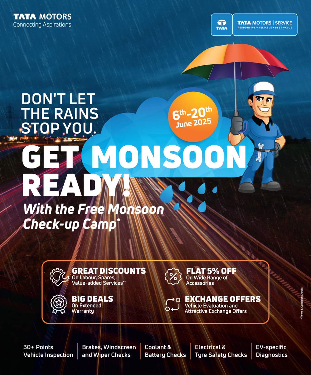 TataMotors_Cars's tweet photo. Get your car monsoon-ready with the Tata Motors Monsoon Check-Up! 🌧
📅 6–20 June 2025
✔ 30+ Point Inspection
💥 Deals on Warranty & Accessories
📍Visit your nearest service centre today!
📞 1800 209 8282
#TataMotors #MonsoonCheckUp https://t.co/fjpmyWe3OB