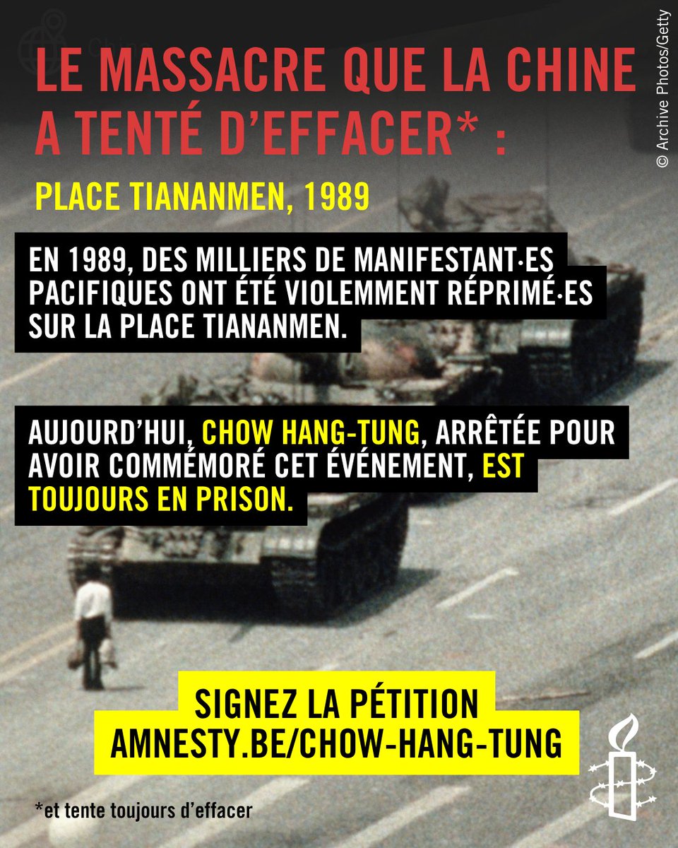 36 ans après le massacre de #Tiananmen, la censure en #Chine tente toujours d’effacer la mémoire historique.

#ChowHangtung, militante qui a commémoré cet événement, reste en prison.

Signez la pétition pour la soutenir et lutter contre l'effacement : amnesty.be/chow-hang-tung