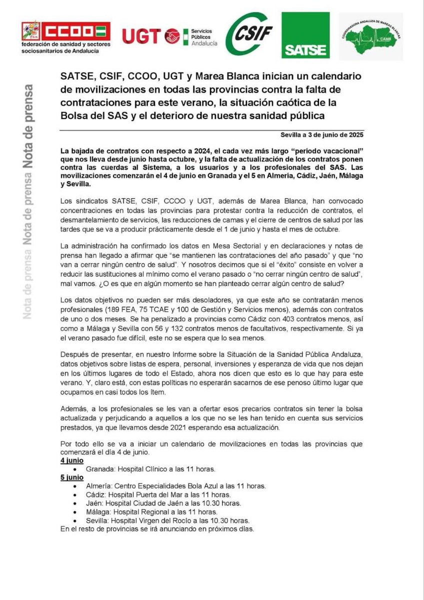🔴 Este verano, el SAS recorta y cierra.
❌ Menos médicos, menos personal, más espera.
📉 Sin refuerzos, sin sustituciones, sin vergüenza.
📢 ¡Defiende tu sanidad!
📍 Concentraciones 4-5 junio.
#SalvemosLaSanidadPública #SAS