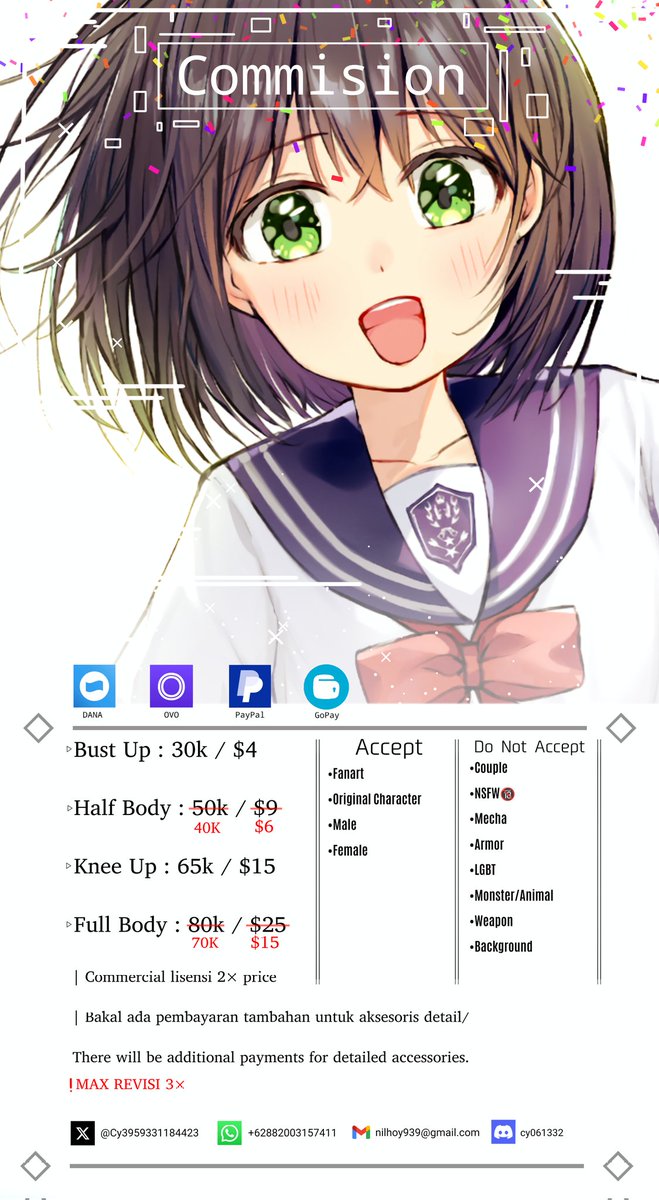 hellooooooooo✨
because this is my first commission i will give a little discount.
The discount is only until July 15.

social media 👇
wa: whatsapp.com/channel/0029Vb…

fb:
facebook.com/share/16eSWx15…

ig:
instagram.com/p/DKd_bj5TzRQ/…

#WTs #art #commissionsopen  #Commission