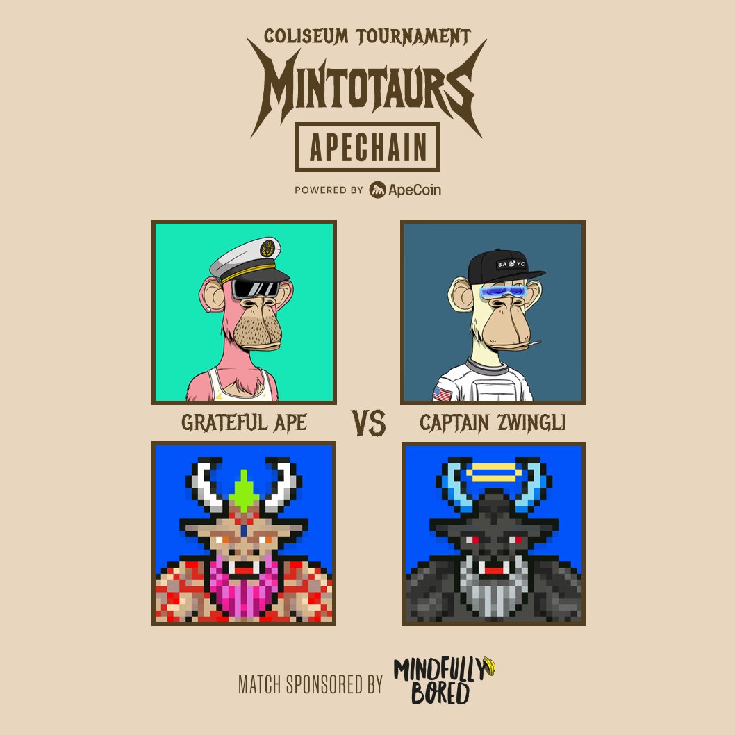 Mintotaurs (@mintotaurs) on Twitter photo HORN AGAINST HORN.
STRENGTH AGAINST STRENGTH.
<a href="/GratefulApe_eth/">GratefulApe.eth ๐</a> ๐๏ธ VS <a href="/ChrisJourdan/">Captain Zwingli ๐๐๏ธ</a> ๐๏ธ
THE COLISEUM IS SUMMONING YOU โ๏ธ
JUNE 7TH ON <a href="/ApeChainHUB/">ApeChainHUB</a> HORN AGAINST HORN.
STRENGTH AGAINST STRENGTH.
<a href="/GratefulApe_eth/">GratefulApe.eth ๐</a> ๐๏ธ VS <a href="/ChrisJourdan/">Captain Zwingli ๐๐๏ธ</a> ๐๏ธ
THE COLISEUM IS SUMMONING YOU โ๏ธ
JUNE 7TH ON <a href="/ApeChainHUB/">ApeChainHUB</a>
