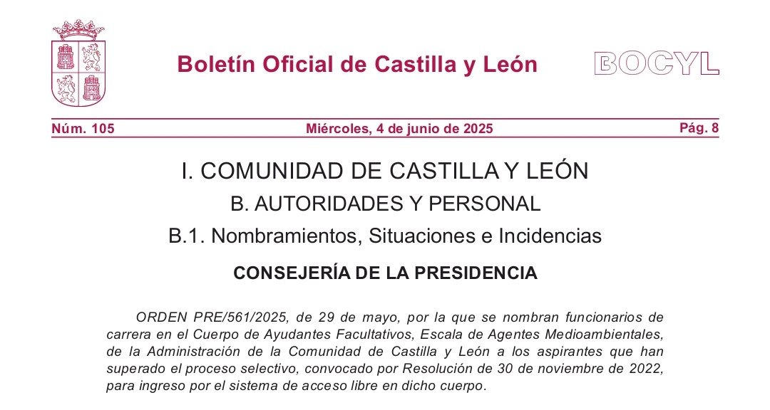 APAMCYL (@apamcyl) on Twitter photo En #BOCyL 4 de junio se publican los destinos de los/as #AAMM <a href="/jcyl/">Junta de Castilla y León</a>
Por fin la recompensa a tanto esfuerzo.
Bienvenidos/as a esta apasionante profesión.
Tengan cuidado ahí afuera.
👨✈️👮♀️🚔🚒🔥🚁
#PoliciaMedioambiental En #BOCyL 4 de junio se publican los destinos de los/as #AAMM <a href="/jcyl/">Junta de Castilla y León</a>
Por fin la recompensa a tanto esfuerzo.
Bienvenidos/as a esta apasionante profesión.
Tengan cuidado ahí afuera.
👨✈️👮♀️🚔🚒🔥🚁
#PoliciaMedioambiental