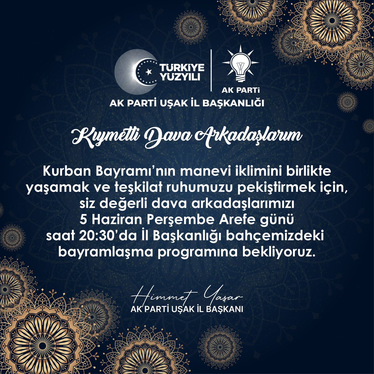 Birlik ve beraberliğimizin sembolü geleneksel bayramlaşma törenimize davamıza gönül vermiş tüm hemşehrilerimiz davetlidir.

📅5 Haziran Perşembe (Arefe Günü)
⏰20:30
📍İl Başkanlığı (Kentsel Dönüşüm Toki)