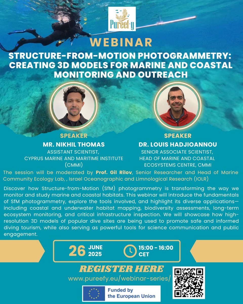 🌊 Interested in learning about #photogrammetry as a tool in marine and coastal monitoring?

Join us for the upcoming webinar organised in the framework of PUREEF-Y project, that #CMMI is coordinating, entitled “Structure-from-Motion Photogrammetry: Creating 3D models for Marine
