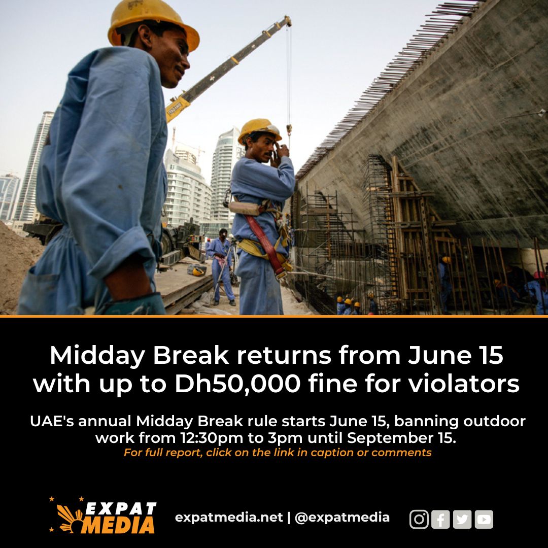 ExpatMediaUAE's tweet image. UAE’s Midday Break is back from June 15 to September 15. No outdoor work between 12:30pm–3pm during this period.

Details: expatmedia.net/uae-midday-bre…

#MOHRE #UAEHeat #MiddayBreak #WorkersRights #SummerSafety