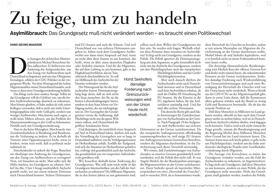 “Die Millionen Migranten, die in den letzten Jahren zu uns gekommen sind, sollten nach dem Willen des Grundgesetzes nie hier sein. Sie werden sich fragen: Weshalb erhalten diese Personen dann trotzdem ein Asylverfahren? 
Das liegt nicht am Grundgesetz, sondern an der Politik.“