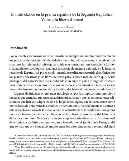 👉Luis Unceta Gómez contribuye a este volumen con un artículo titulado 

"El mito clásico en la prensa española de la Segunda República: Venus y la libertad sexual".

¡Enhorabuena, <a href="/luncetag/">Luis Unceta Gómez</a>!