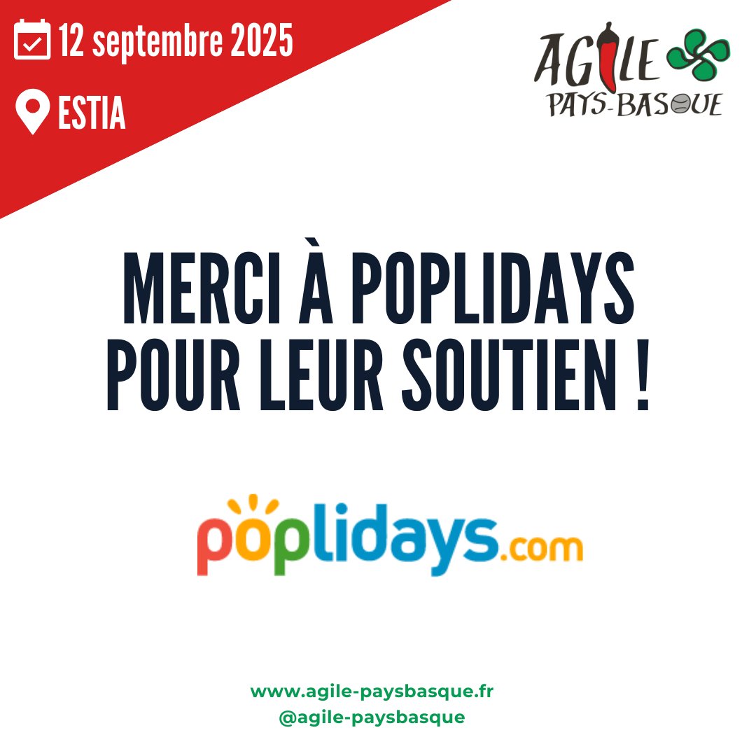agilepb's tweet image. Un grand merci à Poplidays qui nous soutient pour Agile Pays Basque 2025 !
Grâce à leur soutien, on peut continuer à proposer une conf accessible et de qualité.
👉 Rendez-vous le vendredi 12 septembre 2025 à l’ESTIA, à Bidart.
poplidays.com/fr/
👇