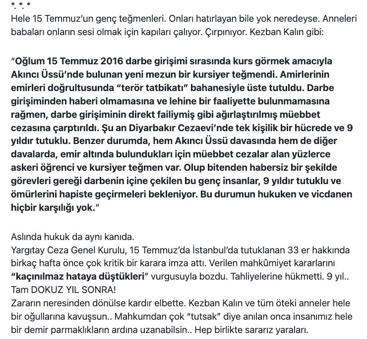 Kezban Kalın (@kezbankalin) on Twitter photo <a href="/karagozilker/">ilker karagöz</a> 15 Temmuz'un sorumluluğu hiçbir yetkisi, sorumluluğu olmayan Er, Askeri Öğrenci ve Kursiyer Teğmenlerin omuzlarına yıkıldı...
Şimdilerde herkes masumiyet karinesi,adil yargılanma hakkından bahsediyor...
Bu gençlerin masumiyet karinesi ve Adil yargılanma hakları ihlal edildi!
Emir <a href="/karagozilker/">ilker karagöz</a> 15 Temmuz'un sorumluluğu hiçbir yetkisi, sorumluluğu olmayan Er, Askeri Öğrenci ve Kursiyer Teğmenlerin omuzlarına yıkıldı...
Şimdilerde herkes masumiyet karinesi,adil yargılanma hakkından bahsediyor...
Bu gençlerin masumiyet karinesi ve Adil yargılanma hakları ihlal edildi!
Emir