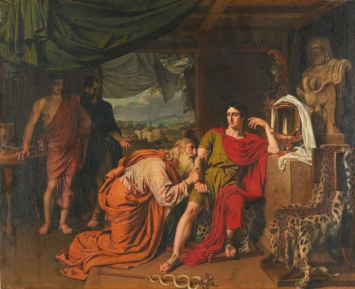truedaviejohn's tweet image. King Priam of Troy begs Achilles the Myrmidon for the body of his fallen son Hector in the ninth year of the Trojan War.
King Priam kneels down before Achilles, kisses the hands that killed his son, and he says to him, "I had fifty sons once. Most of them are now dead, many of…
