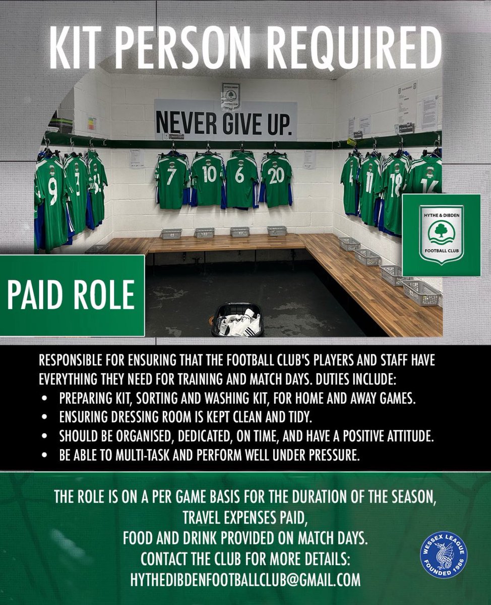 Hythe & Dibden FC 🟢⚪️ (@hythedibdenfc) on Twitter photo 🇳🇬WE'RE RECRUITING!
We have a number of roles to fill
Get involved with a Wessex Premier League club Voluntary & paid roles inc:
🖥️Social media & website manager
🩳Kit person
🧍Stewards
📨Please DM us for more info.
<a href="/WessexLeague/">Velocity Wessex League</a> <a href="/Lymingtontimes/">Advertiser & Times</a> <a href="/swsportsnews/">South West Sports News</a> <a href="/nonleagueroles/">Non-League Roles</a> 🇳🇬WE'RE RECRUITING!
We have a number of roles to fill
Get involved with a Wessex Premier League club Voluntary & paid roles inc:
🖥️Social media & website manager
🩳Kit person
🧍Stewards
📨Please DM us for more info.
<a href="/WessexLeague/">Velocity Wessex League</a> <a href="/Lymingtontimes/">Advertiser & Times</a> <a href="/swsportsnews/">South West Sports News</a> <a href="/nonleagueroles/">Non-League Roles</a>
