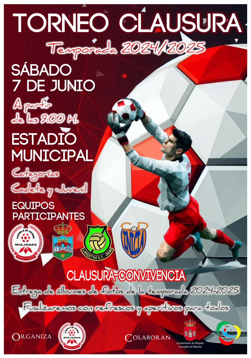 Este sábado 7 de junio la <a href="/EfutbolMiajadas/">Escuela Fútbol Miajadas</a> llevará a cabo el torneo de clausura cadete y juvenil. Semifinales por la mañana, finales por la tarde