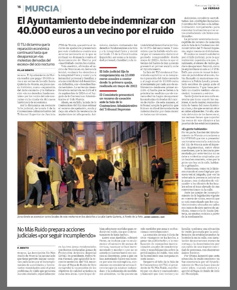 Campaña Contra el Ruido | Oficial (@ccruidoficial) on Twitter photo El TSJ dictamina que la reparación económica continuará hasta que desaparezcan «las molestias derivadas del exceso» del #ocionocturno. <a href="/facontraelruido/">Federacion Asociaciones Contra el Ruido</a> @juristas <a href="/Rderuido/">Con R' de Ruido</a> <a href="/AsociacionAecor/">Asociación Aecor</a> <a href="/ANMR_Murcia/">NoMásRuidoMurcia</a>
laverdad.es/murcia/ciudad-… El TSJ dictamina que la reparación económica continuará hasta que desaparezcan «las molestias derivadas del exceso» del #ocionocturno. <a href="/facontraelruido/">Federacion Asociaciones Contra el Ruido</a> @juristas <a href="/Rderuido/">Con R' de Ruido</a> <a href="/AsociacionAecor/">Asociación Aecor</a> <a href="/ANMR_Murcia/">NoMásRuidoMurcia</a>
laverdad.es/murcia/ciudad-…