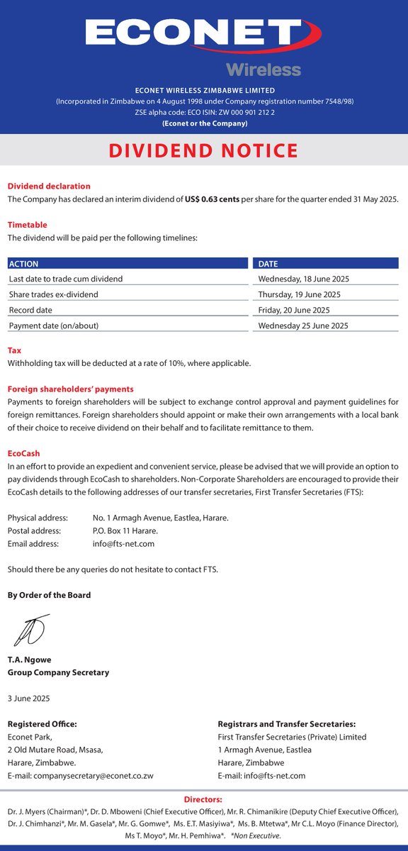 EFESECURITIES's tweet photo. ECONET Q1 DIVIDEND NOTICE https://t.co/l8BtNaERzb