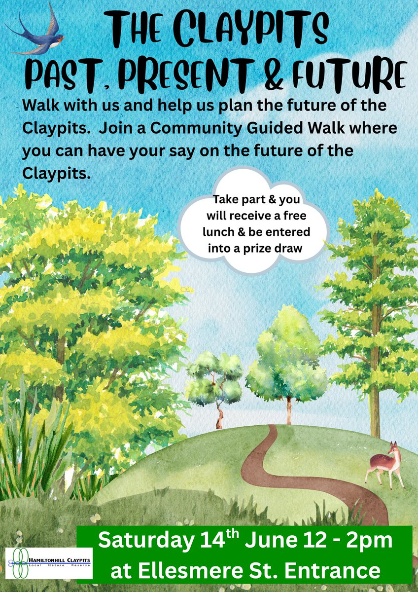 🌳Claypits Past,Present &amp; Future 🦌

Saturday 14th June 
Ellesmere Street entrance 
Between 12-2pm 

🥪Free lunch &amp; Prize Draw for taking part 
🚶🏻‍♀️Join our walks ,help us shape the future of the Claypits. 💬

🗣️Have your say! 🗣️
#Possilpark #Hamiltonhill #Maryhill #Canal #Glasgow