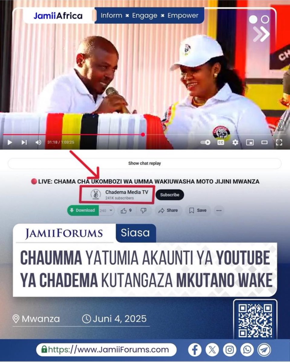 Ni masikitiko na aibu kuona kuwa Chama cha Siasa kinachoitwa CHAUMA kimeamua kutumia jina la mtandao wa Youtube iliyokuwa likimilikiwa na CHADEMA, yaani ChademaMedia TV

Awali ya yote, tunapenda kusisitiza kuwa hili ni jambo la fedheha na linaonyesha kiwango kikubwa cha ukosefu