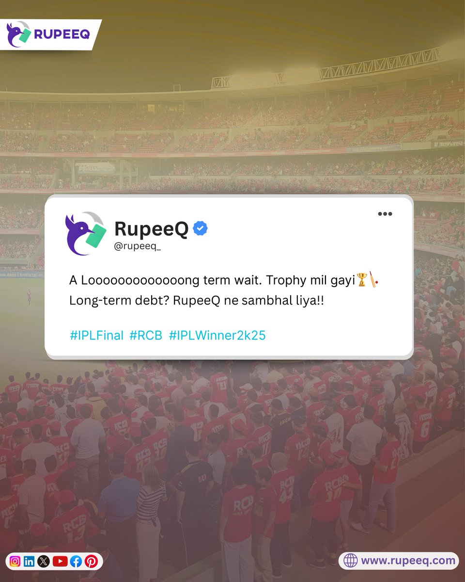 RupeeQ_'s tweet photo. A looooooooooong wait ends! Trophy ✅
Long-term debt? RupeeQ ne sambhal liya 💼

#IPLFinal #RCB #IPLWinner2k25 #RupeeQ https://t.co/fpXHjum6xp