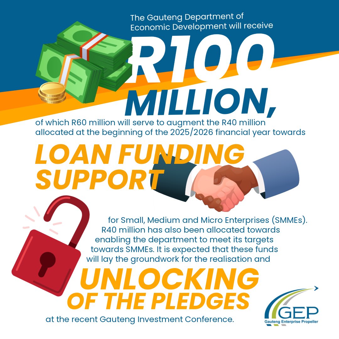 Gauteng Enterprise Propeller (@gep_za) on Twitter photo 🧰 RE-TABLING | 2025/26 BUDGET OF THE GAUTENG GOVERNMENT
‘<a href="/GautengDED/">Gauteng Department of Economic Development</a> will receive R100 million, of which R60 million will serve to augment the R40 million allocated at the beginning of the 2025/2026 financial year towards Loan Funding Support for SMMEs.’ - <a href="/LebogangMaile1/">Lebogang Maile</a> 🧰 RE-TABLING | 2025/26 BUDGET OF THE GAUTENG GOVERNMENT
‘<a href="/GautengDED/">Gauteng Department of Economic Development</a> will receive R100 million, of which R60 million will serve to augment the R40 million allocated at the beginning of the 2025/2026 financial year towards Loan Funding Support for SMMEs.’ - <a href="/LebogangMaile1/">Lebogang Maile</a>