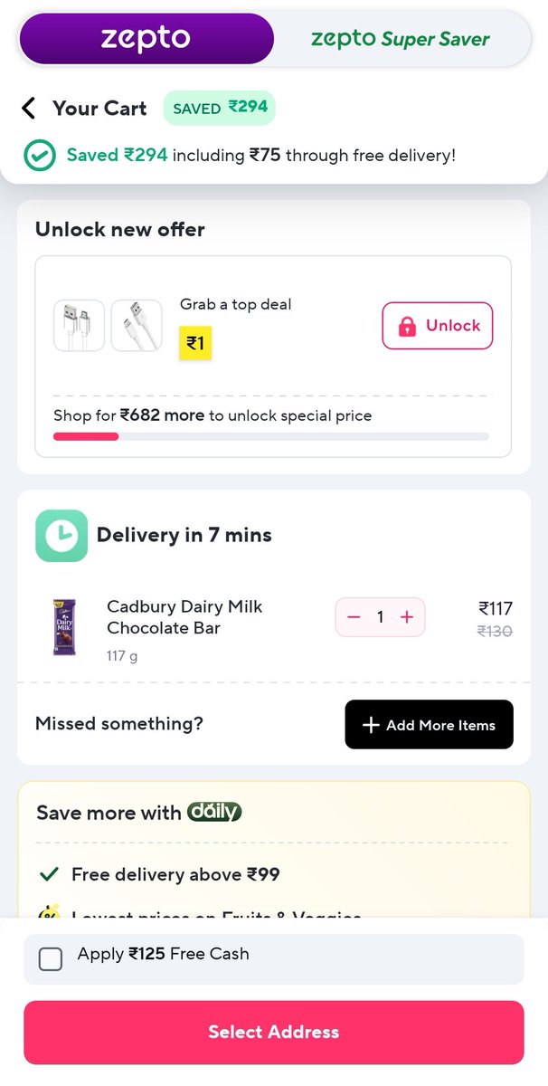 techynorms's tweet photo. @ZeptoNow just let me know one thing, I got 125 free cash, I order one chocolate worth 117, I applied 125 free cash and total amount is 84 how? 😂 
which maths are you using? Please let me know.
#zapto #crazy #CustomerSupport https://t.co/UylBVnmejx