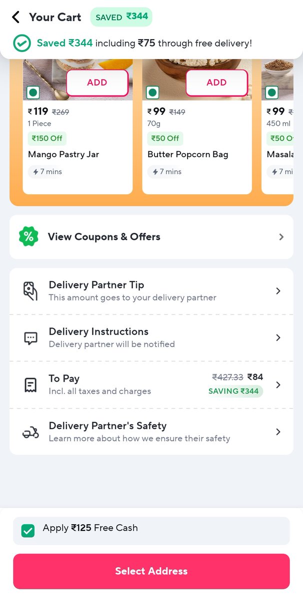 techynorms's tweet photo. @ZeptoNow just let me know one thing, I got 125 free cash, I order one chocolate worth 117, I applied 125 free cash and total amount is 84 how? 😂 
which maths are you using? Please let me know.
#zapto #crazy #CustomerSupport https://t.co/UylBVnmejx