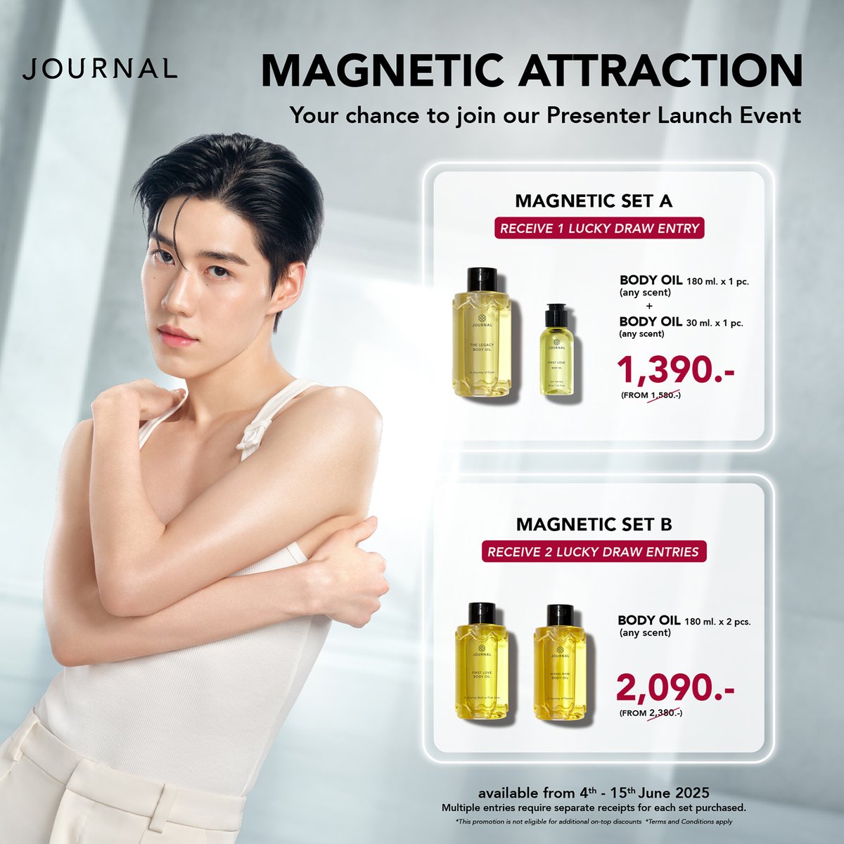 เหมือนมีบางคนจะรู้แล้วว่าแอดนอนน้อย 🤣 นอกจากแอดจะนอนน้อย กราฟิกก็นอนน้อยเช่นกันค่ะ 🫥🫥ต้องขออภัยด้วยนะพวกเธอเรามาทวนกันใหม่อีกครั้งน้าาาาาาาา

MAGNETIC SET A​ Body Oil ขนาด 180 ml. จำนวน 1 ขวด (คละกลิ่น) คู่ Body Oil ขนาด 30 ml. ​จำนวน 1 ขวด (คละกลิ่น) ราคา 1,390 บาท