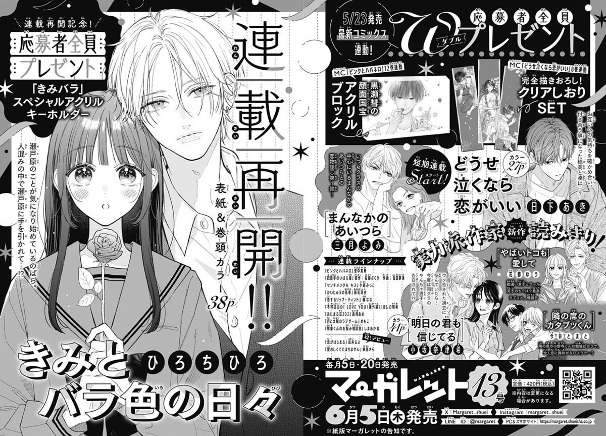 マーガレット 応募券 きみとバラ色の日々 どうせ泣くなら恋がいい きみとバラ色の日々」連載再開記念 応募者全員プレゼント