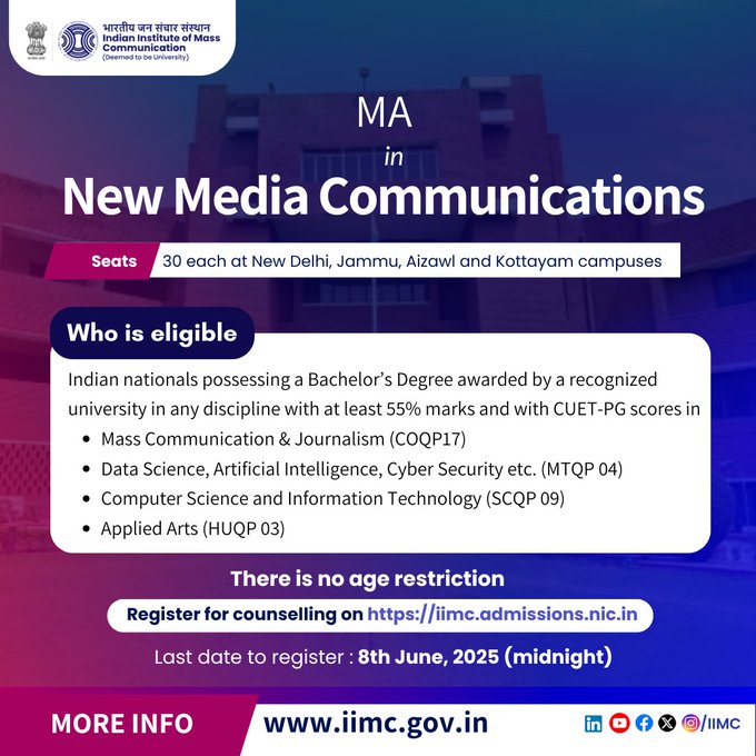 Indian Institute of Mass Communication (@iimc_india) on Twitter photo #IIMCAdmission25
🚀 Step into the future with IIMC’s all-new MA in #NewMediaCommunications!
Explore #AI, #Podcasts, #FactChecking, #Cybersecurity, #DigitalMarketing & more.
🗓️ Last Date to Apply: 8 June 2025
🔗Register now: iimc.admissions.nic.in
#Admission25 <a href="/AnubhutiYadava/">Prof. Anubhuti Yadav</a> #IIMCAdmission25
🚀 Step into the future with IIMC’s all-new MA in #NewMediaCommunications!
Explore #AI, #Podcasts, #FactChecking, #Cybersecurity, #DigitalMarketing & more.
🗓️ Last Date to Apply: 8 June 2025
🔗Register now: iimc.admissions.nic.in
#Admission25 <a href="/AnubhutiYadava/">Prof. Anubhuti Yadav</a>