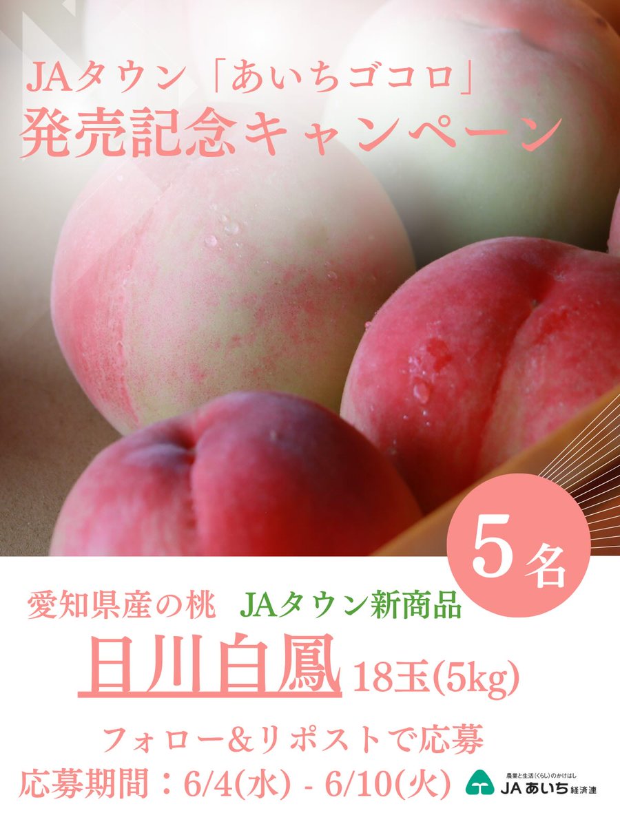 ななぴょん【公式】JAあいち経済連 (@jaaichi_kzr) on Twitter photo 🍑JAタウン発売記念🍑
地元の直売所で大人気❣愛知県小牧市篠岡地区の桃「しのおかの桃」がJAタウンに登場✨
発売を記念して、「日川白鳳」をプレゼントするぴょん🎁
🍑応募方法🍑
<a href="/jaaichi_kzr/">ななぴょん【公式】JAあいち経済連</a> をフォローして、
この投稿を6/10(火)までにリポスト
🔽規約はリプライをご覧ください👀 🍑JAタウン発売記念🍑
地元の直売所で大人気❣愛知県小牧市篠岡地区の桃「しのおかの桃」がJAタウンに登場✨
発売を記念して、「日川白鳳」をプレゼントするぴょん🎁
🍑応募方法🍑
<a href="/jaaichi_kzr/">ななぴょん【公式】JAあいち経済連</a> をフォローして、
この投稿を6/10(火)までにリポスト
🔽規約はリプライをご覧ください👀