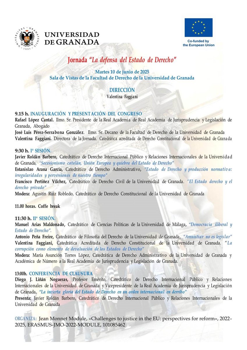 Real Academia Jurisprudencia y Legislación Granada (@rajylgr) on Twitter photo #Eventos |El próximo 10 de junio, la Sala de Vistas de la <a href="/FDerechoUGR/">Facultad de Derecho UGR</a> acogerá la Jornada 'La defensa del #EstadoDeDerecho', bajo la dirección de Valentina Faggiani y con participación de varios miembros de la RAJYL de Granada. #Eventos |El próximo 10 de junio, la Sala de Vistas de la <a href="/FDerechoUGR/">Facultad de Derecho UGR</a> acogerá la Jornada 'La defensa del #EstadoDeDerecho', bajo la dirección de Valentina Faggiani y con participación de varios miembros de la RAJYL de Granada.