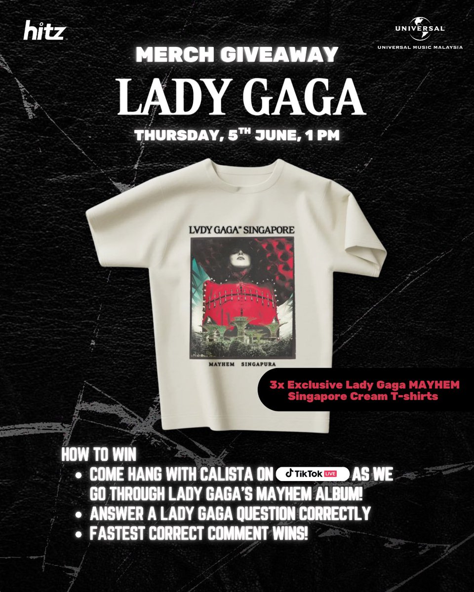 HITZ (@hitzdotmy) on Twitter photo Still not over the Lady Gaga concert? SAME. 😭
We're keeping the MAYHEM alive with an exclusive Lady Gaga merch giveaway thanks to <a href="/UMusicMalaysia/">Universal Music Malaysia</a> ! 💥👑
Join <a href="/CalistaLeahLiew/">Calista Leah Liew 💙</a> this Thursday, 5 June at 1PM on TikTok LIVE <a href="/hitzdotmy/">HITZ</a> 🎤✨ it’s time to PAWS UP. 🐾💖 Still not over the Lady Gaga concert? SAME. 😭
We're keeping the MAYHEM alive with an exclusive Lady Gaga merch giveaway thanks to <a href="/UMusicMalaysia/">Universal Music Malaysia</a> ! 💥👑
Join <a href="/CalistaLeahLiew/">Calista Leah Liew 💙</a> this Thursday, 5 June at 1PM on TikTok LIVE <a href="/hitzdotmy/">HITZ</a> 🎤✨ it’s time to PAWS UP. 🐾💖