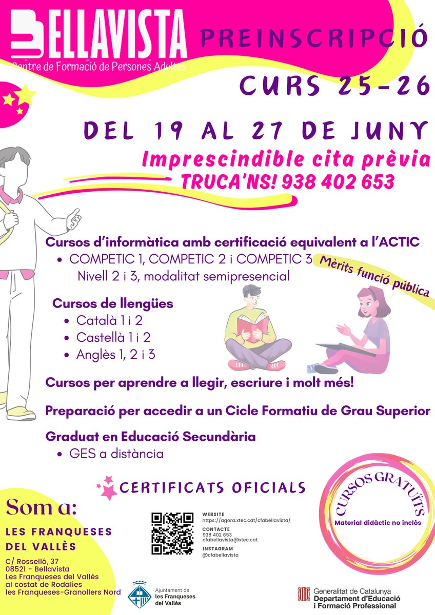 Ajuntament de les Franqueses (@lesfranqueses) on Twitter photo #LesFranqueses, el Centre de Formació d'Adults de Bellavista ja es prepara per a les inscripcions. Les podeu fer entre el 19 i el 27 de juny. Abans, però, us assessoraran. Contacteu:
📞938 402 653
📧cfabellavista@xtec.cat #LesFranqueses, el Centre de Formació d'Adults de Bellavista ja es prepara per a les inscripcions. Les podeu fer entre el 19 i el 27 de juny. Abans, però, us assessoraran. Contacteu:
📞938 402 653
📧cfabellavista@xtec.cat